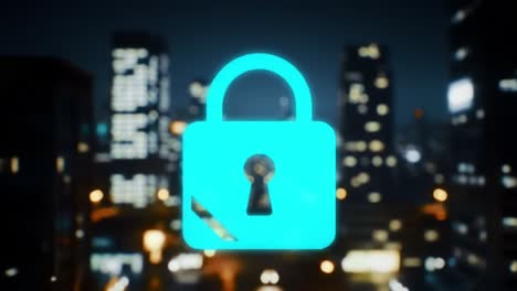 a futuristic representation of digital security symbolized by a glowing lock against a cityscape background, showcasing protection and technology at night