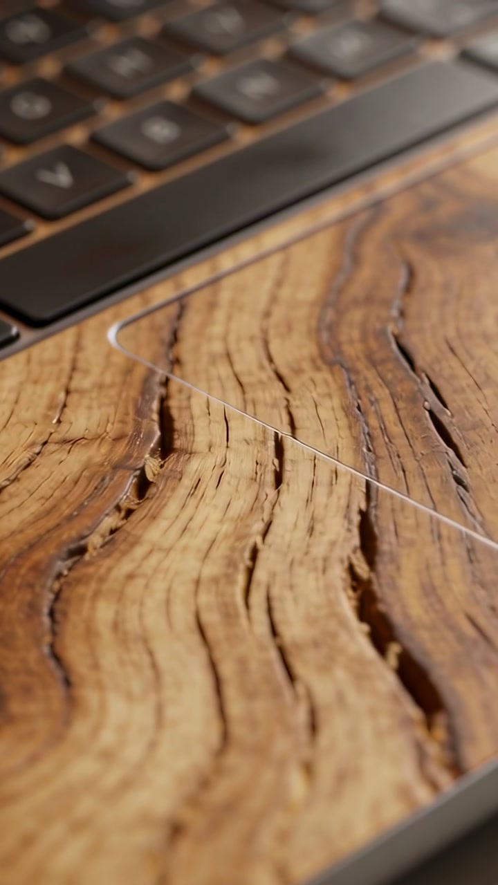 Vertical video: Shifting camera revealing worn wooden tabletop with film on home desk, laptop edge