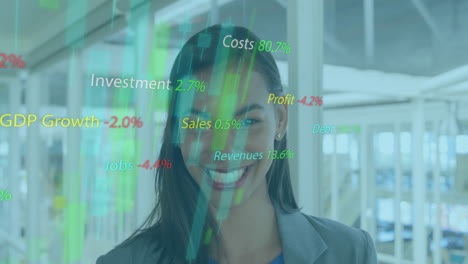 animation of texts, graphs with changing numbers, smiling biracial woman standing in office