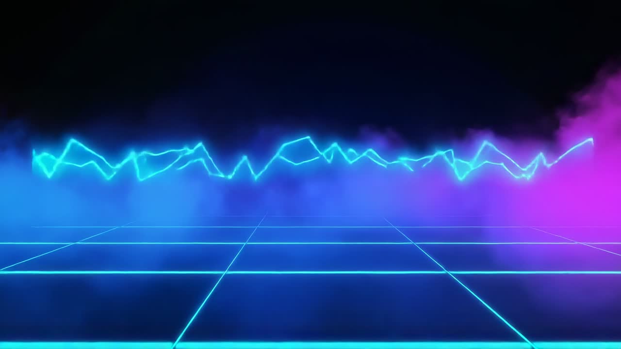 Sequence starting, waving cyan waveform pulsing over neon grid, creating retro mood with mist