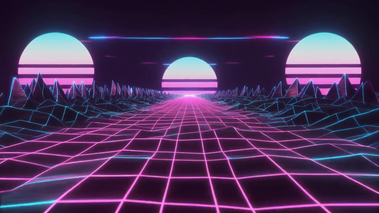 Paesaggio Digitale in Stile Retro Synthwave con Griglia al Neon Luminosa e Soli