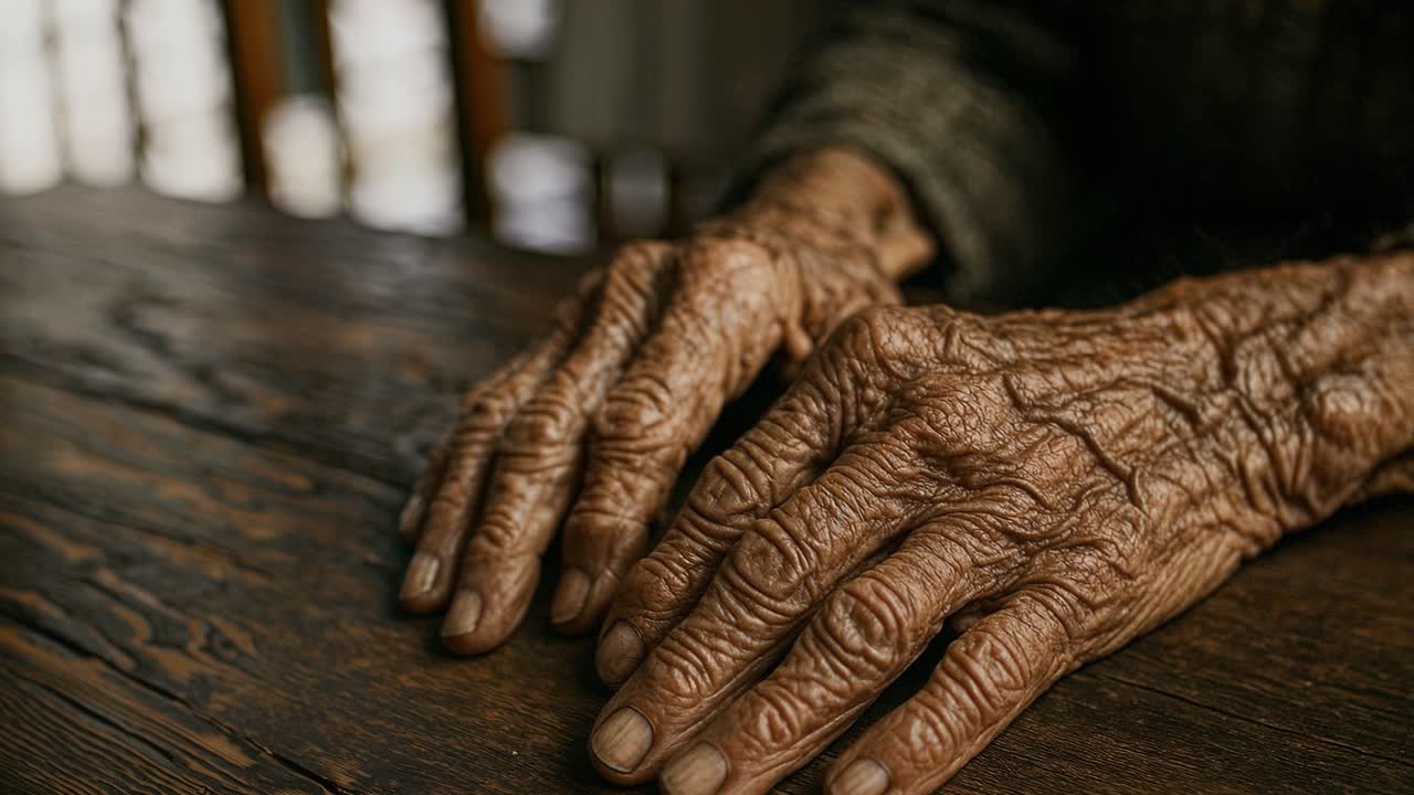The hands displayed belong to an elderly individual, showcasing deep lines and textures that tell countless stories of a life well-lived. The close-up view allows a profound appreciation for the craftsmanship of nature, with wrinkles and age spots marking the skin. The hands rest on a rustic wooden 
