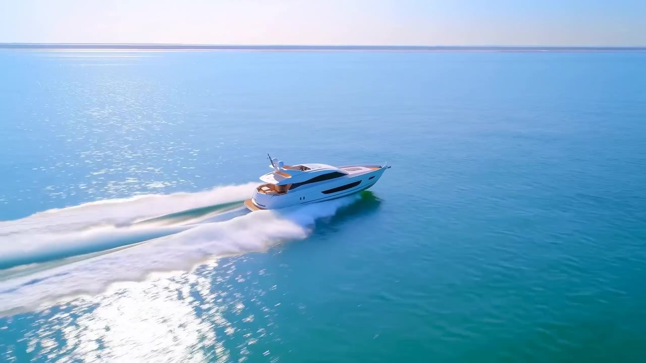 Yacht aereo che attraversa un oceano turchese calmo, luce solare scintillante sull'acqua, scia potente che segue lo scafo elegante.