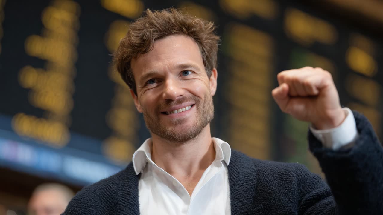 A celebratory moment captured in the midst of financial excitement, showcasing a man expressing joy and triumph with a raised fist and a confident smile