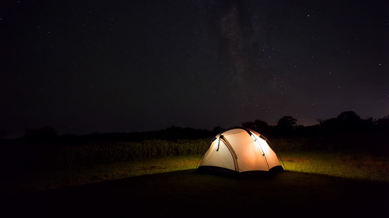 Illuminated Tent Under a Starry Night Sky