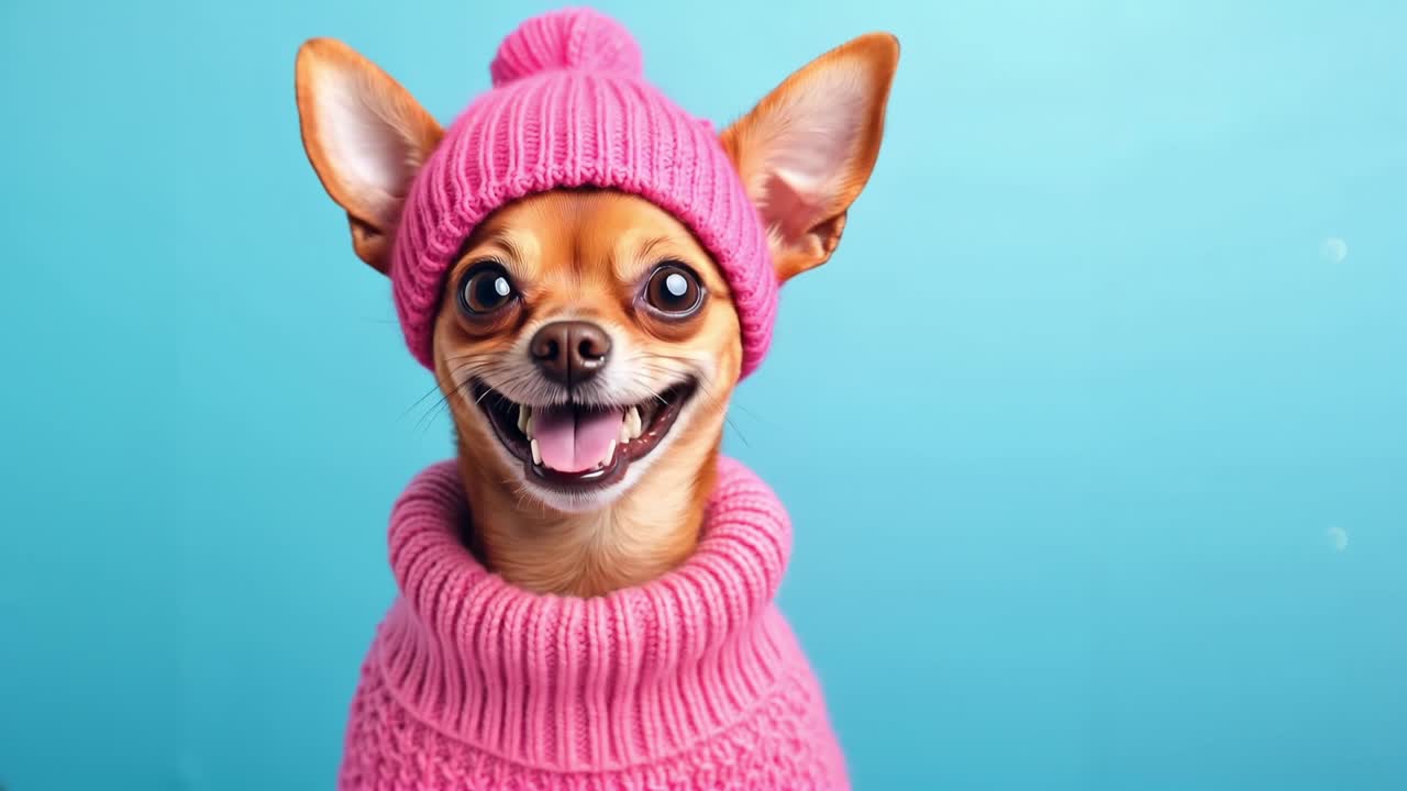 핑크색 뜨개질 모자와 스웨터를 입은 작은 치후아와