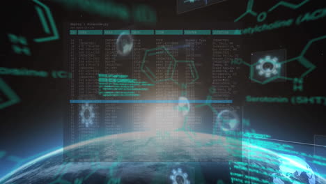 animation of data processing on screen and scopes scanning over planet earth