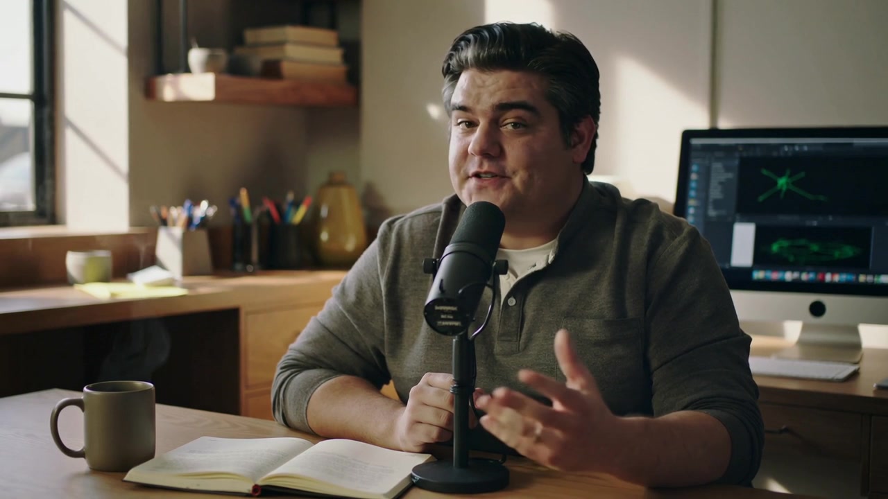 Recording starting, speaking podcast host in studio wearing henley, holding mic, checking notes