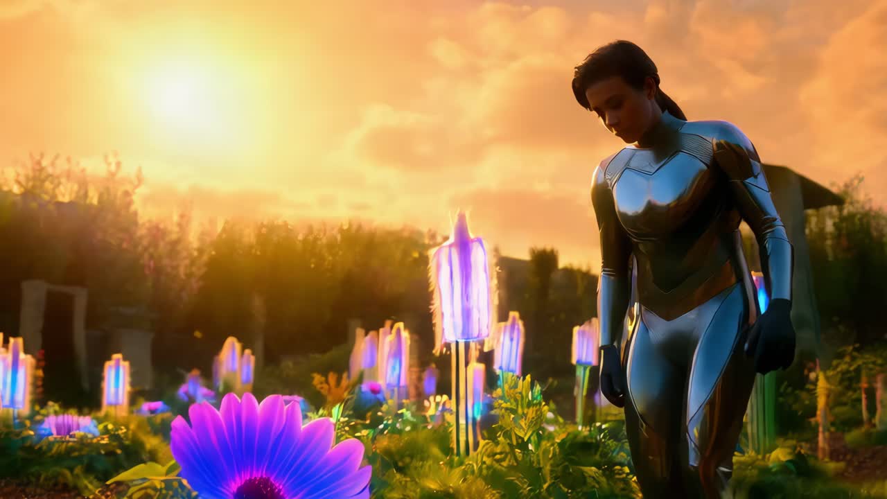 una mujer en un traje futurista en un jardín brillante al atardecer