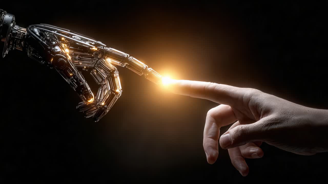 The Connection of Humanity and Technology: A Robot's Hand Interacting with a Human Hand, Symbolizing the Fusion of AI and Human Touch