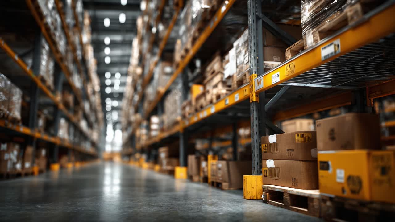 A Busy Warehouse with Stacked Boxes and Shelves: Capturing the Essence of Logistics and Storage in a Vast Distribution Center Environment