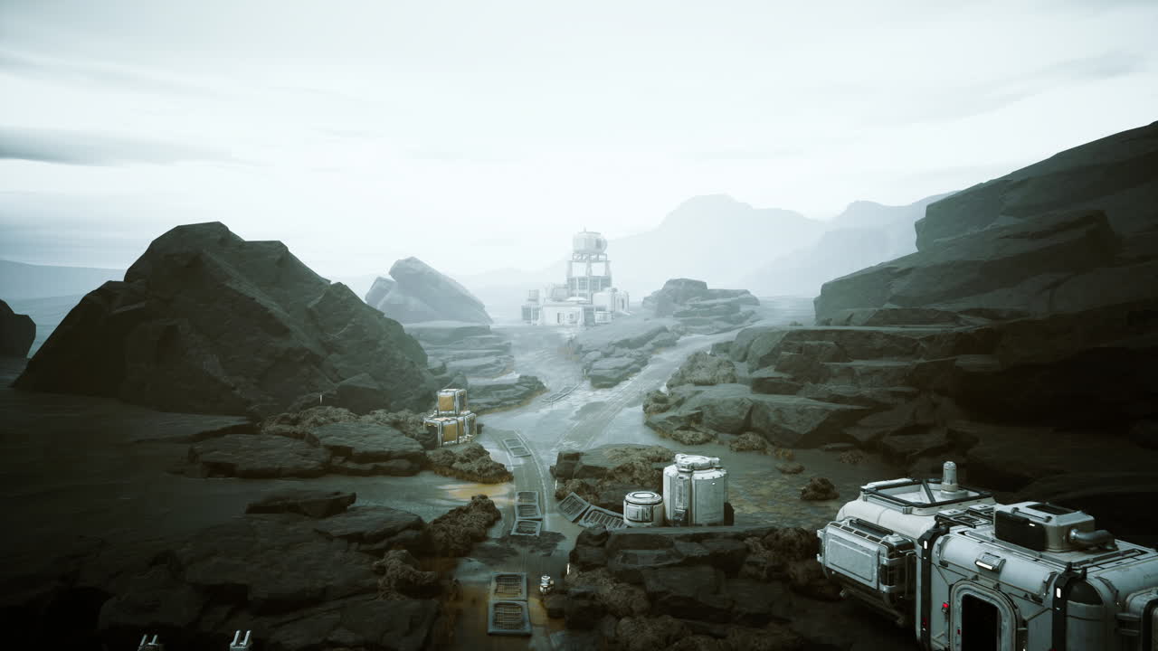 Hightech extraction colony nestled within cloudy mountain landscape