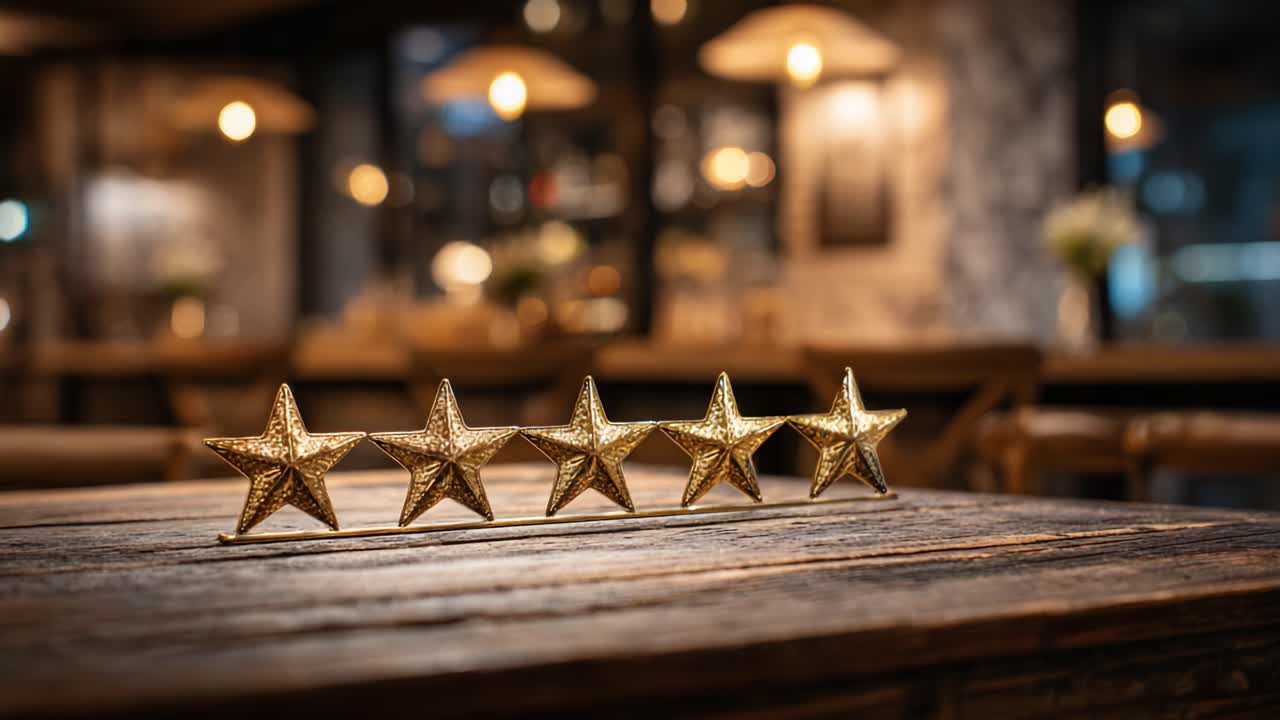 A Stunning Display of Golden Star Ratings on a Rustic Wooden Table, Perfectly Capturing the Ambiance of a Cozy Cafe Environment