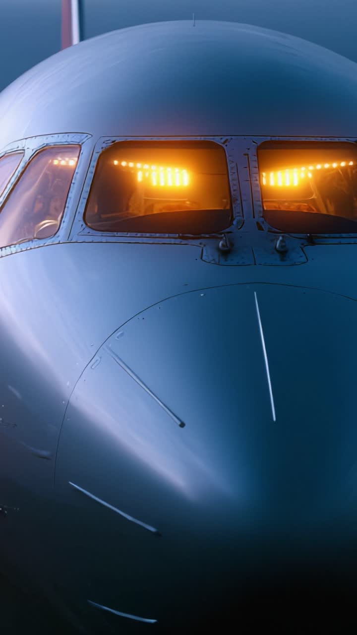 Affascinante vista frontale di un aereo moderno in condizioni di scarsa illuminazione, che mostra il suo design elegante e i dettagli illuminati della cabina di pilotaggio al crepuscolo.