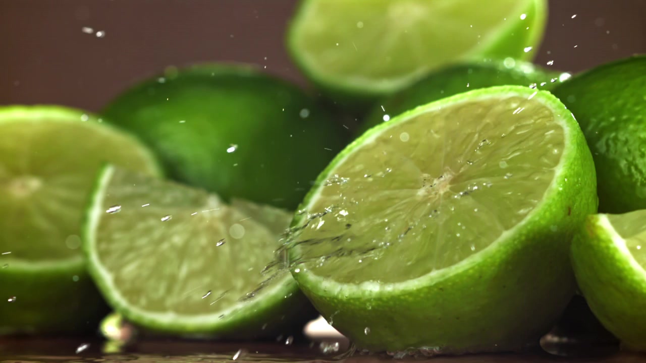 Água Salpicando Limas Verdes Frescas e Fatias em Câmera Lenta