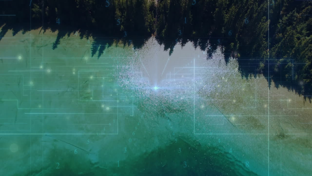 Central water spout rising over aerial lake scene, with glowing nodes, grid lines, numeric overlays
