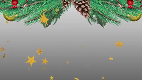 Animation-of-stars-over-fir-tree-with-christmas-decorations-on-grey-background