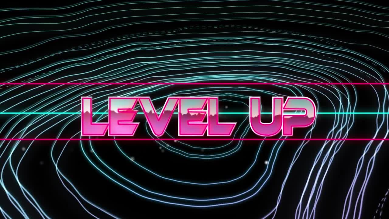 검은색 배경의 빛 트레일 위에 레벨 업 텍스트의 애니메이션