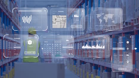 Animación-Del-Procesamiento-De-Datos-En-Pantallas-Sobre-Un-Hombre-Caucásico-Que-Trabaja-En-Un-Almacén