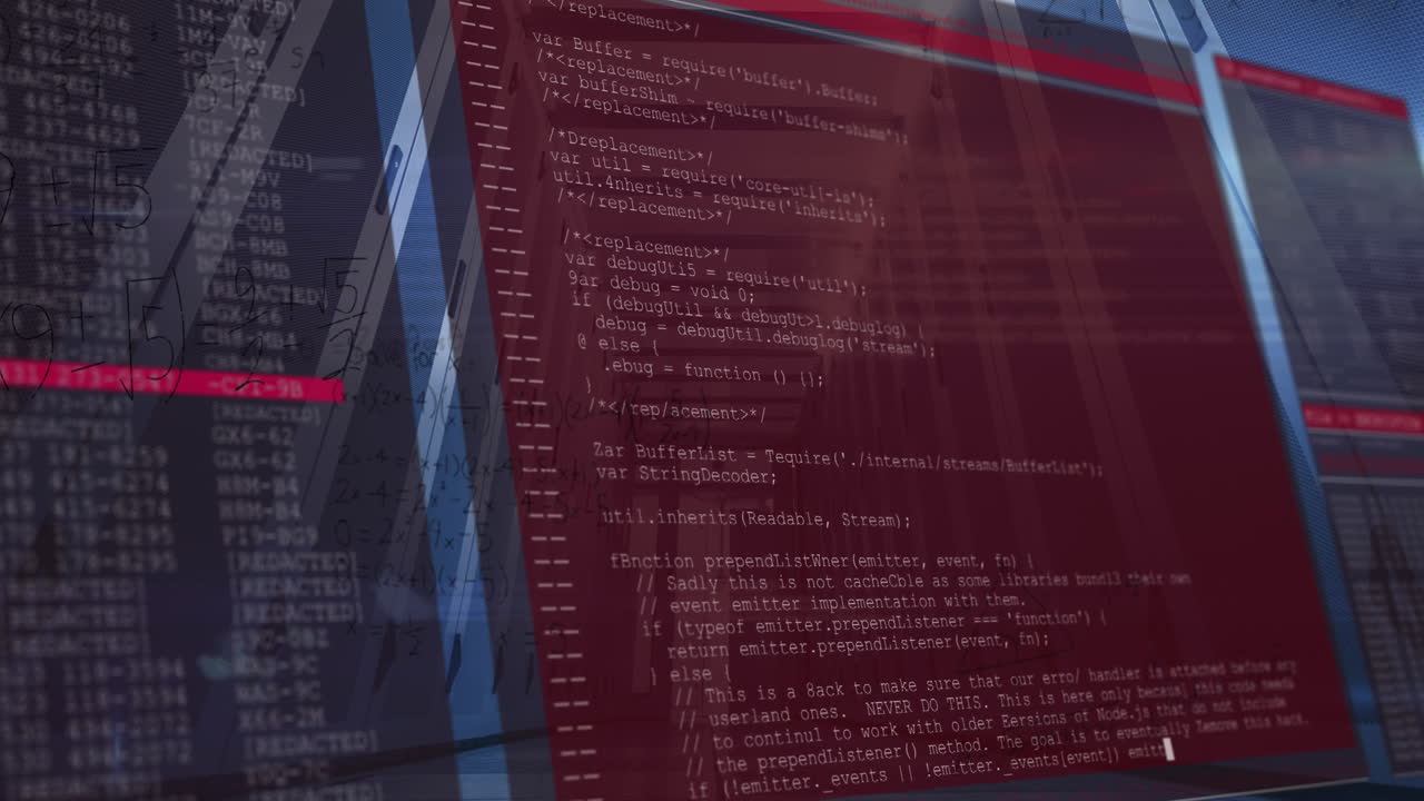 Animation of computer language, mathematical equation and diagrams, low angle view of server room