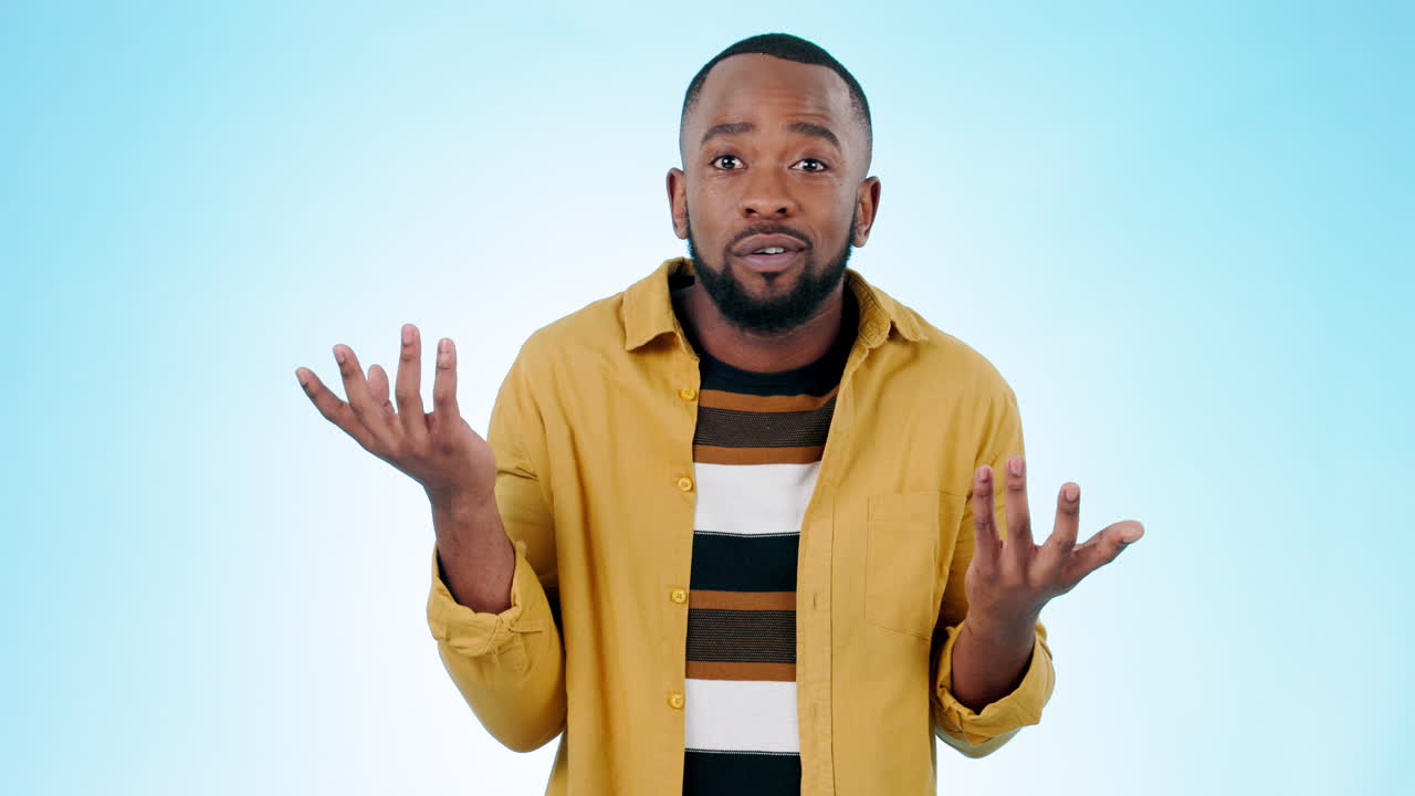 Black man, confused and hands out with doubt