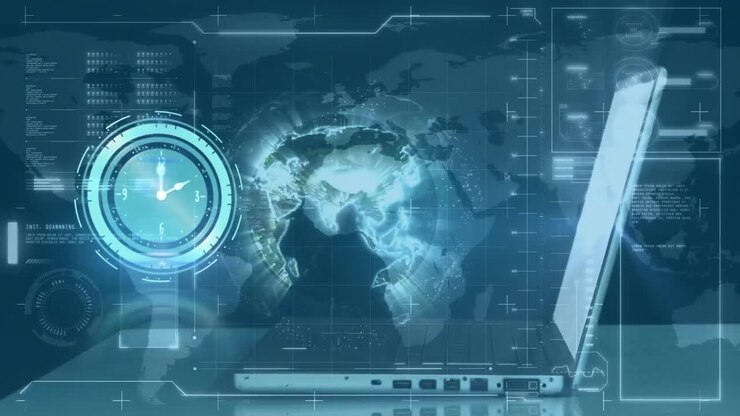 Animation of clock with networks of connections over globe and laptop