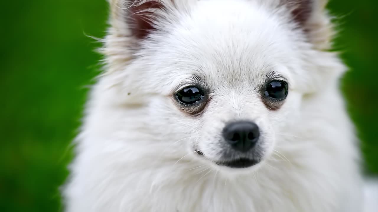 Small white pomeranian spitz looking ahead and smiling in the house's garden. Close up