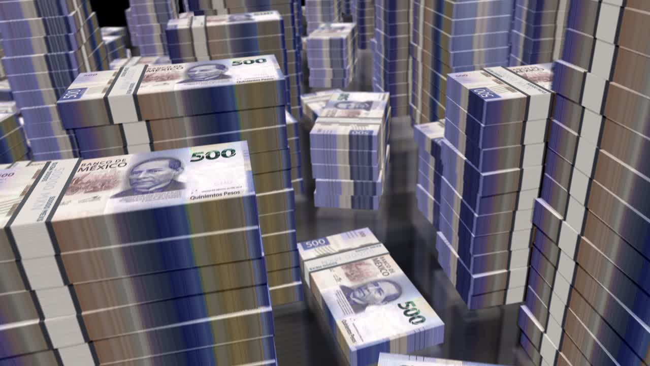 멕시코 페소에 대한 3d 비행: 지폐 패키지 루프 애니메이션