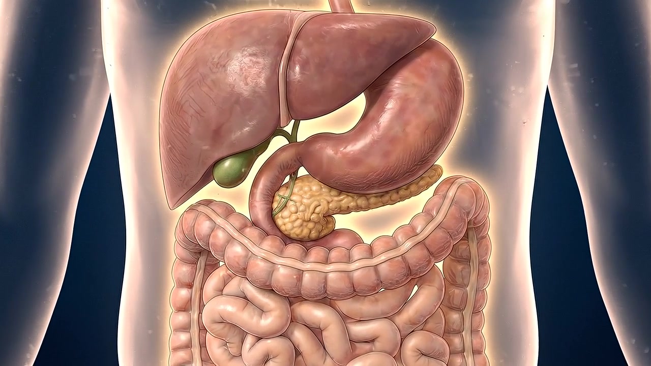 Transparent torso displaying stomach and complete intestinal tract in medical view