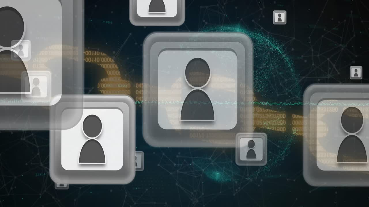 animación de iconos de personas, globo, cadena de seguridad y procesamiento de datos