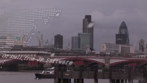 animation of world map and data processing over london cityscape