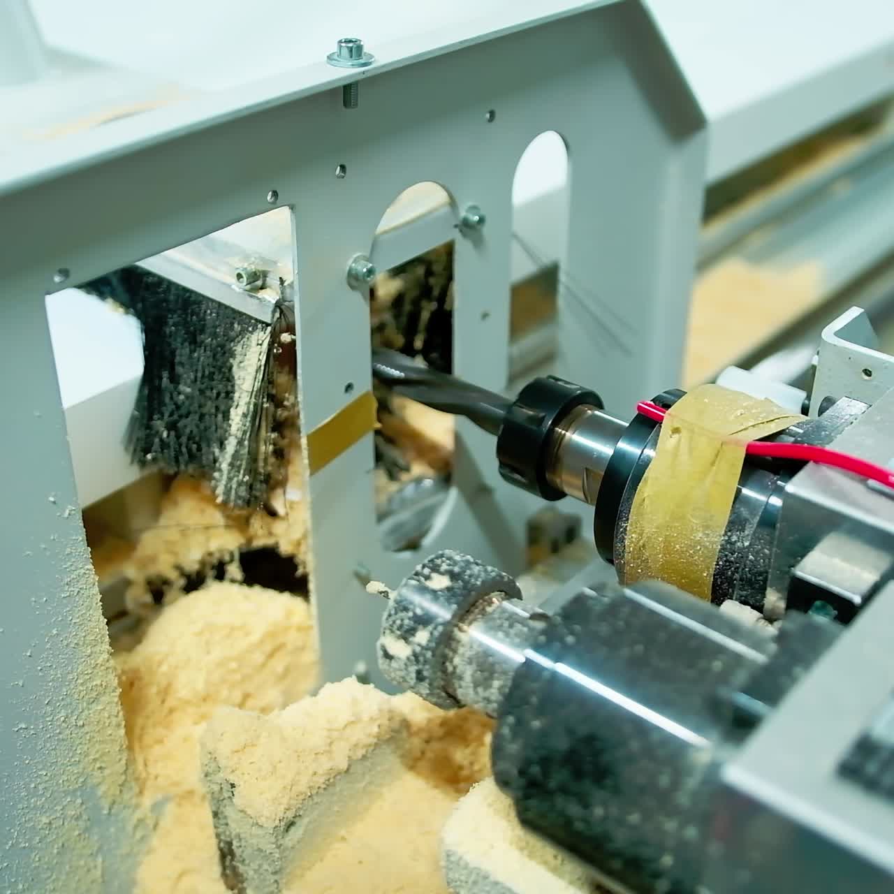 Doors manufacturing. Modern machine tool for furniture production. Industrial device indoors. Robotic equipment in workshop.