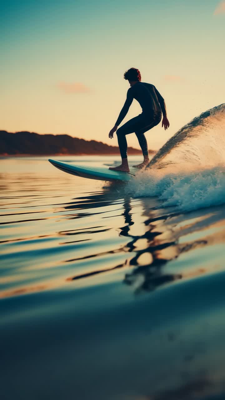 Un fermo immagine video dinamico di un surfista che cavalca un'onda al tramonto. Ripreso da un'angolazione bassa, evidenzia