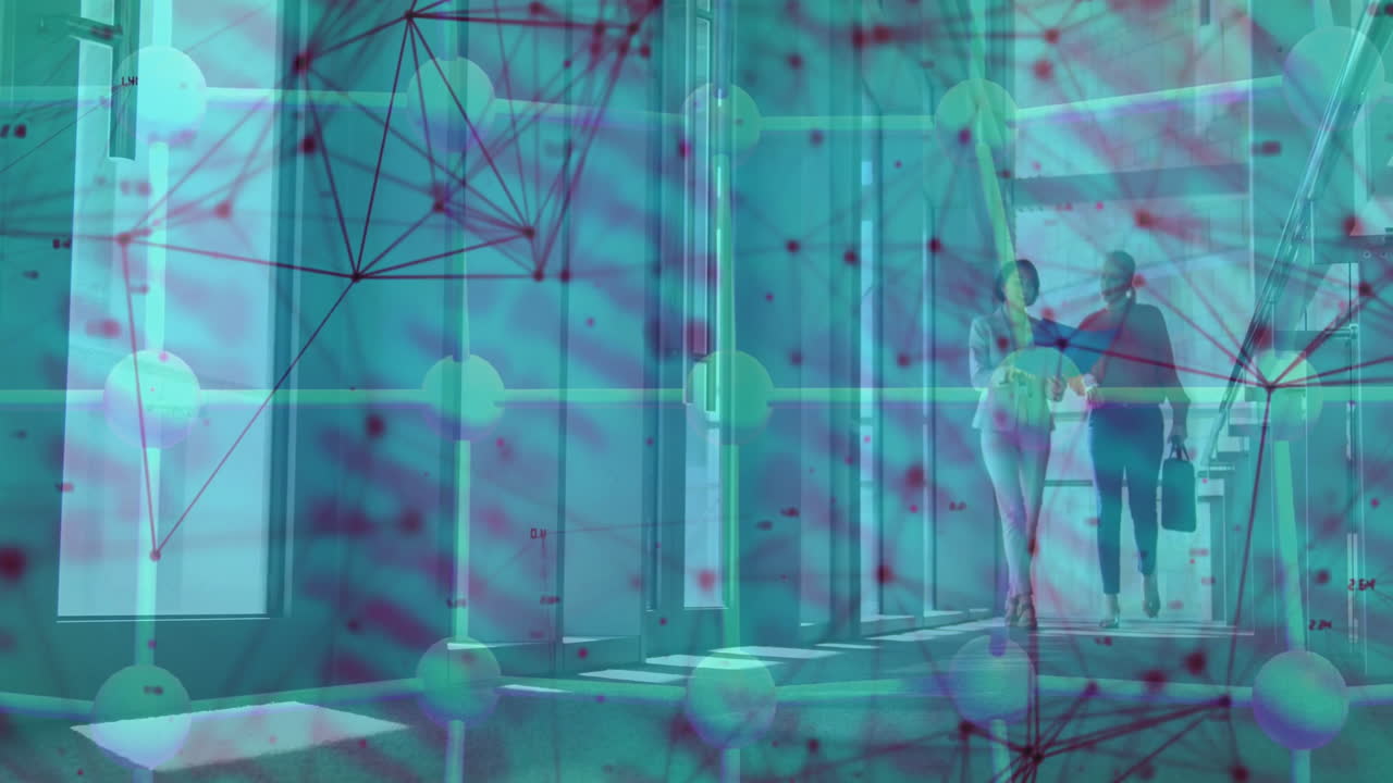 In futuristic hallway, animated network of connections and data processing over people