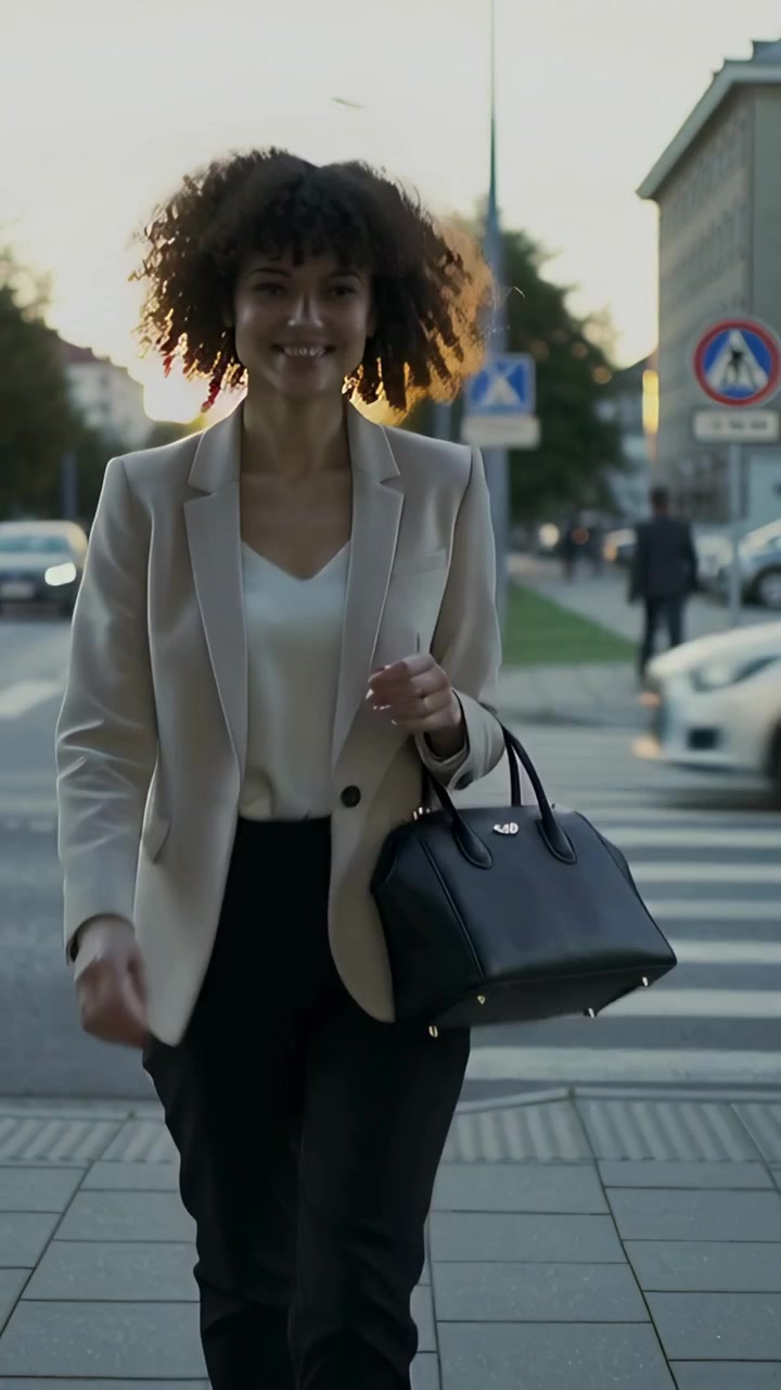 Video verticale: Donna che cammina sistemandosi il blazer beige, che attraversa velocemente la strada per andare al lavoro, con una borsa nera