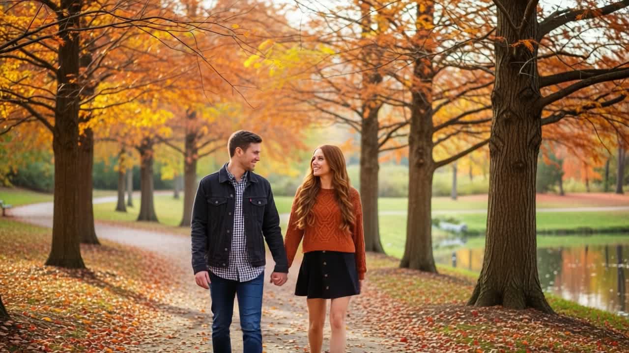 A Warm Autumn Stroll: A Couple Enjoys a Romantic Walk Hand in Hand Through a Picturesque Park Surrounded by Vibrant Fall Foliage and Reflective Water
