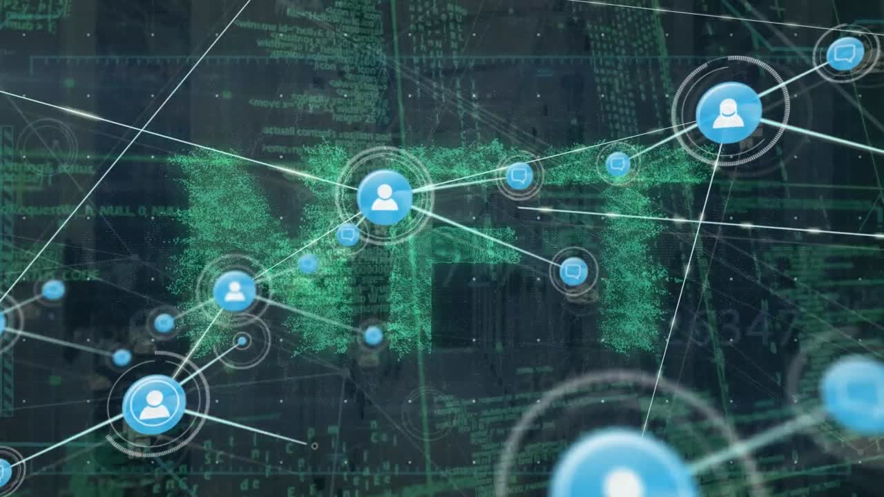 Animation of network of connections with people icons with data processing