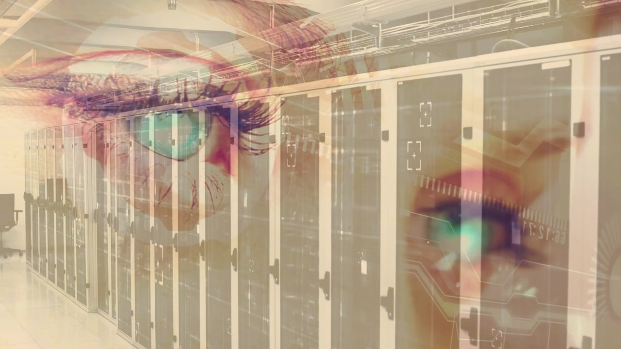 Woman overlay fading over servers, enhancing teal eyes with circuit glints and shifting LEDs