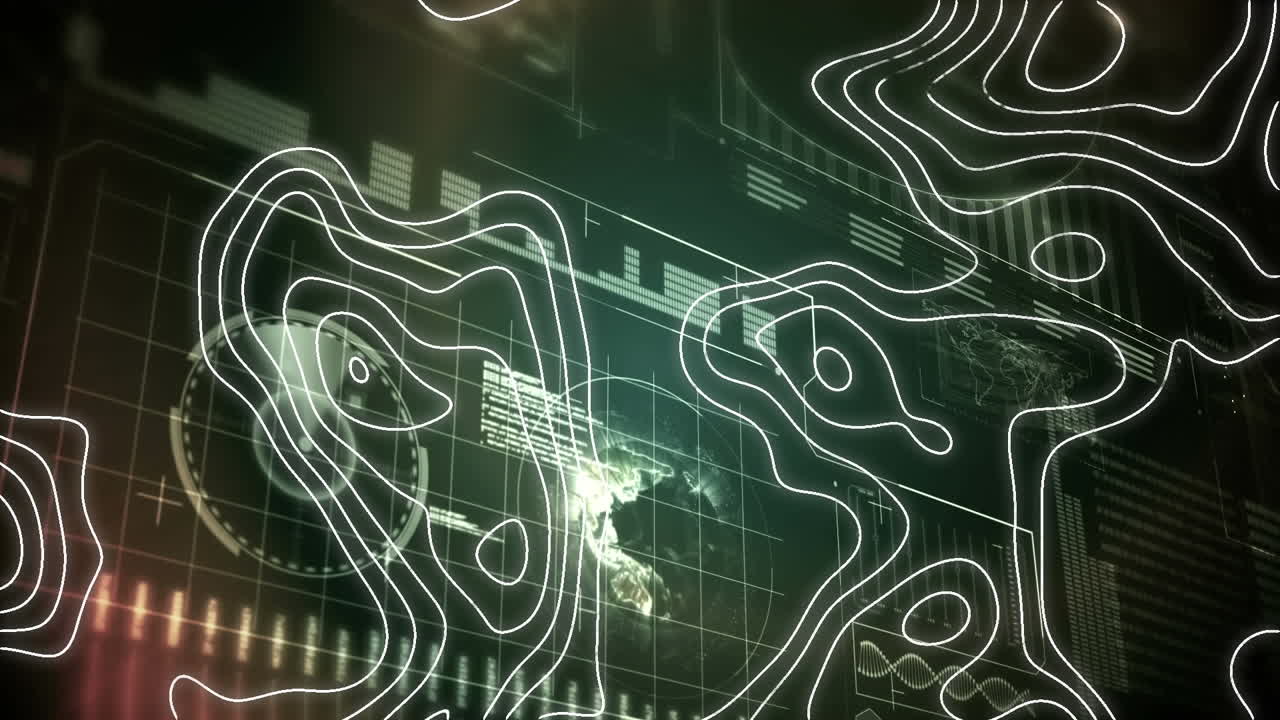 Animation of moving topographical chart over digital interface with data processing