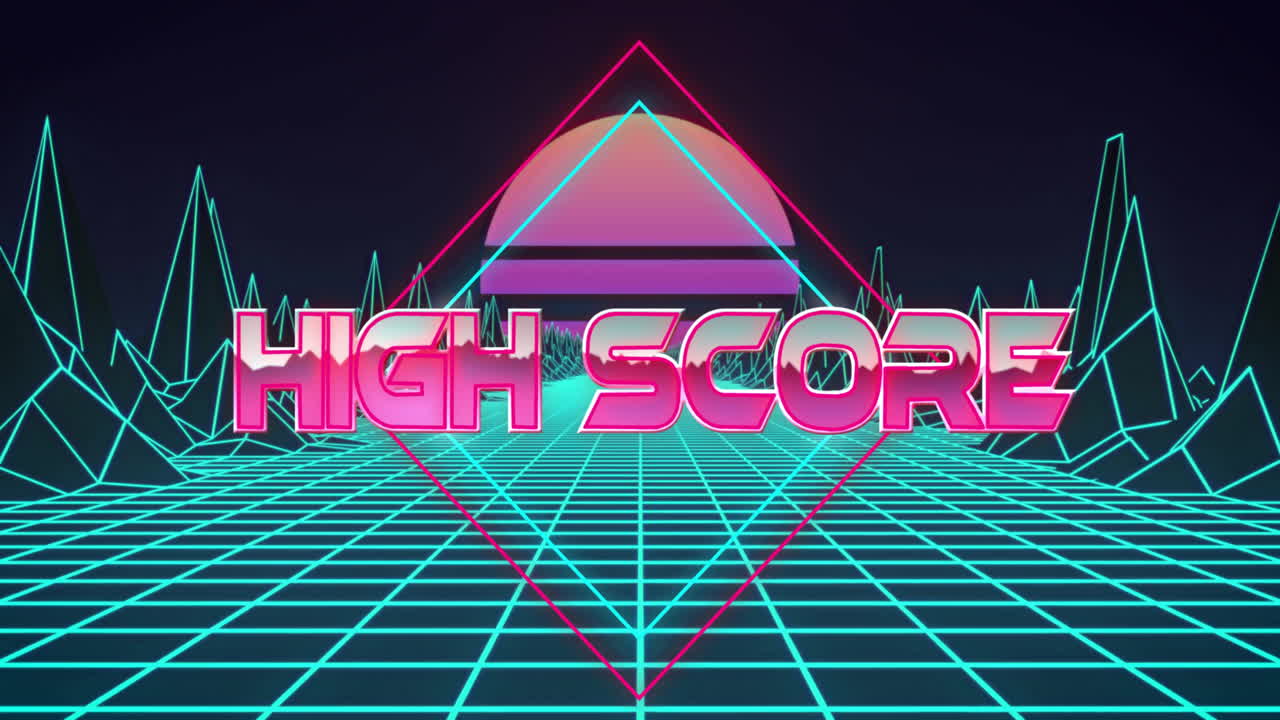 검은 바탕에 디지털 산과 태양 위에 높은 점수 텍스트의 애니메이션