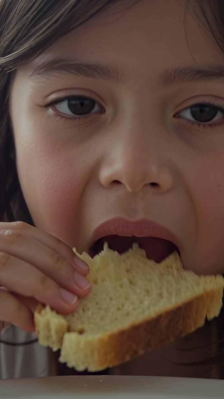 Vertical video: Glancing at plate, girl in light top leaning at home table, picking bread, tasting