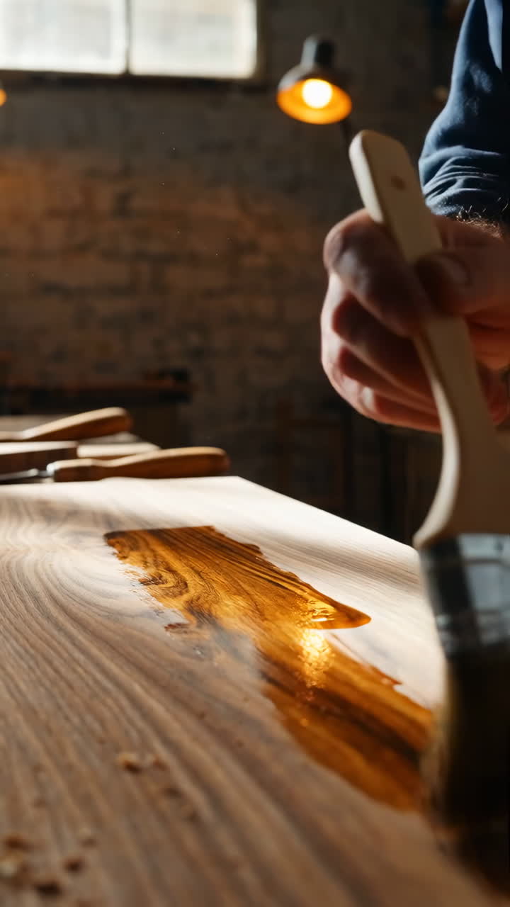 Craftsman applying wood finish to a wooden surface