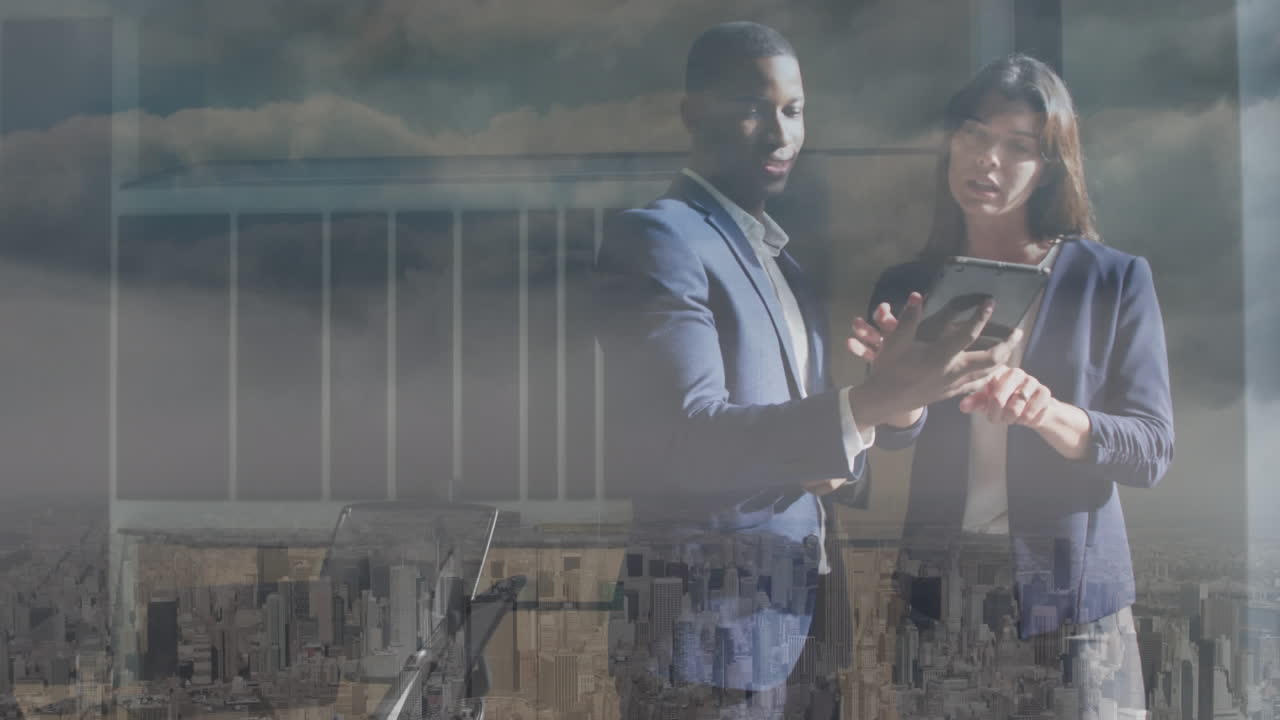 Animation of cityscape over business people in office