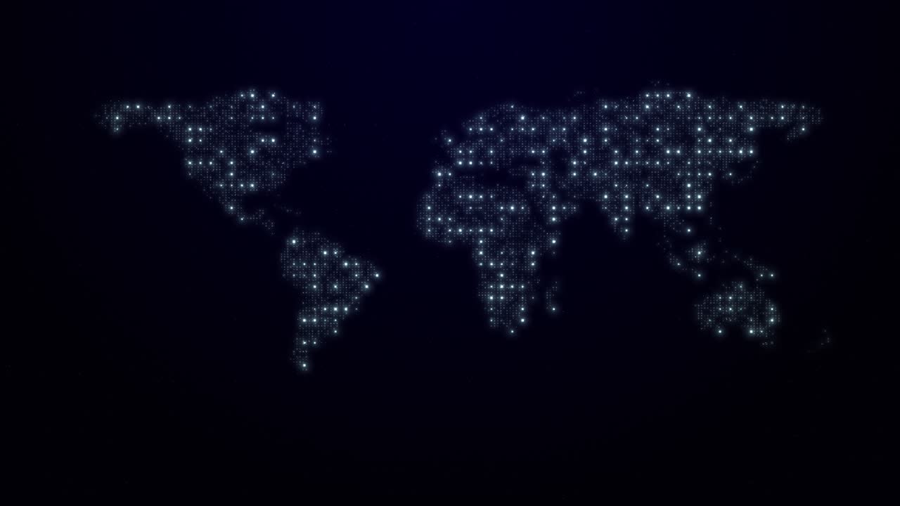 Digital world map glowing points global network visualization animation interconnected data systems