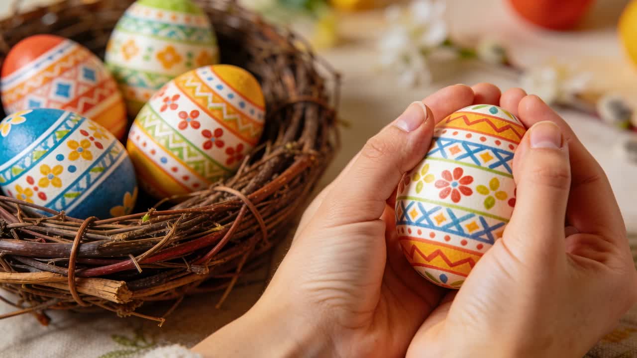 Adult hands moving egg from nest, rotating and inspecting pattern for craft display