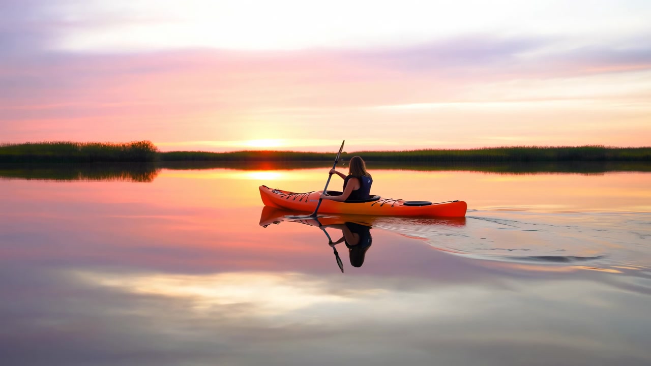 Un sereno kayakista remando al atardecer en el horizonte oceánico, visto desde una perspectiva lateral. La escena presenta un kayak de madera y una pala de plástico, con vibrantes tonos rojos y amarillos dominando.