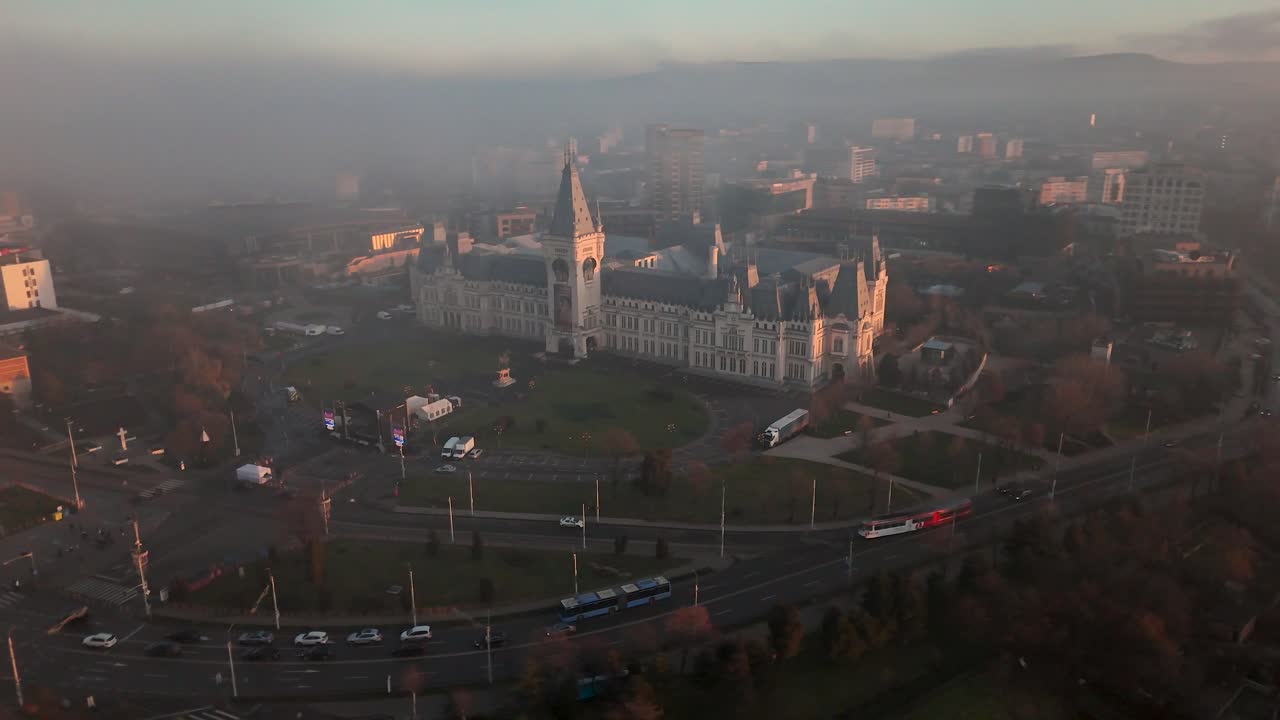 Drone Video of Iasi’s Historic Palace and Urban Traffic