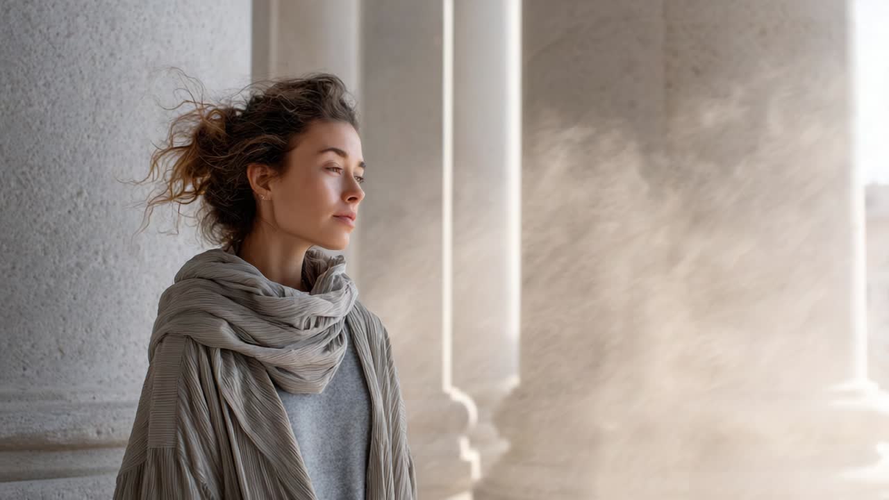 Woman in scarf standing near columns
