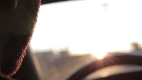 Handheld close up of bearded caucasian man's face driving down a road at sunset