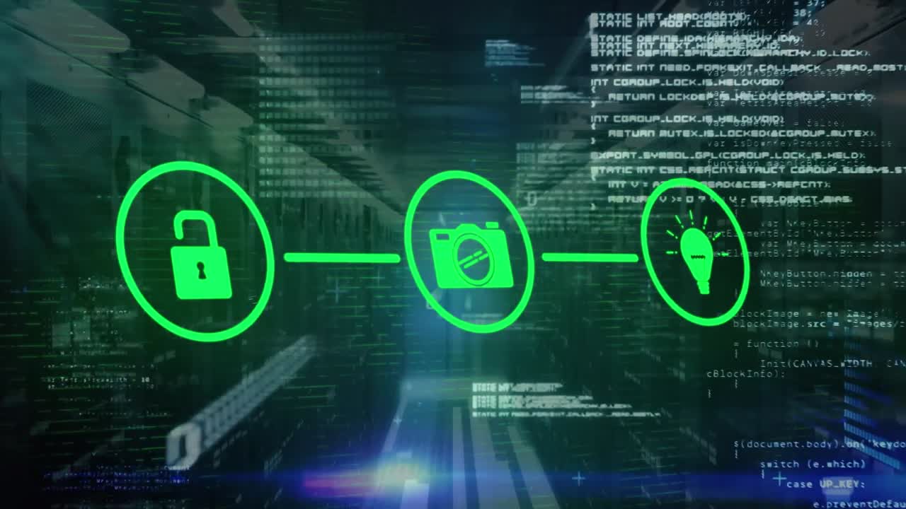 animación de diagrama de flujo de iconos, códigos binarios y lenguaje informático a través de la sala del servidor